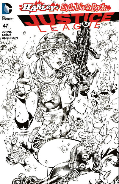 Cover for Justice League (DC, 2011 series) #47 [Harley's Little Black Book Jim Lee Black and White Cover]