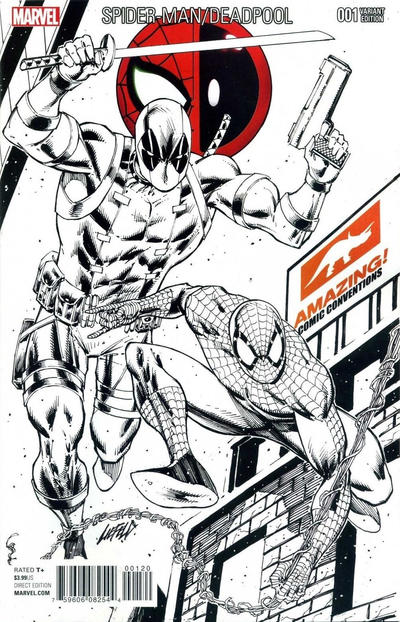 Cover for Spider-Man / Deadpool (Marvel, 2016 series) #1 [Variant Edition - Amazing! Comic Conventions - Rob Liefeld Black and White Cover]