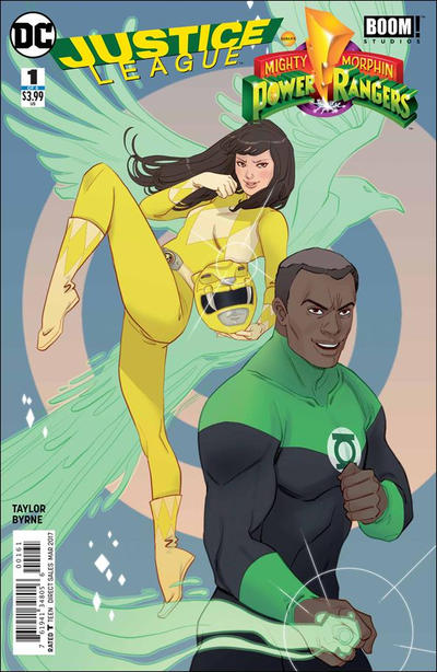 Cover for Justice League / Power Rangers (DC, 2017 series) #1 [Marguerite Sauvage Green Lantern and Yellow Ranger Cover]
