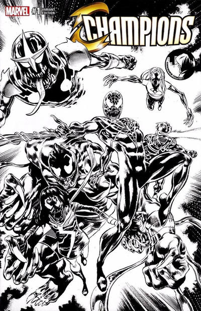 Cover for Champions (Marvel, 2016 series) #1 [Unknown Comics Exclusive Mike Perkins Black and White Variant]