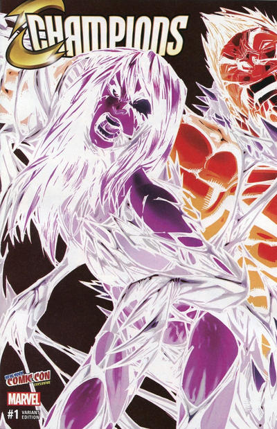 Cover for Champions (Marvel, 2016 series) #1 [Variant Edition - ComicXposure NYCC Exclusive - Humberto Ramos ‘Negative Shock’ Connecting Cover]