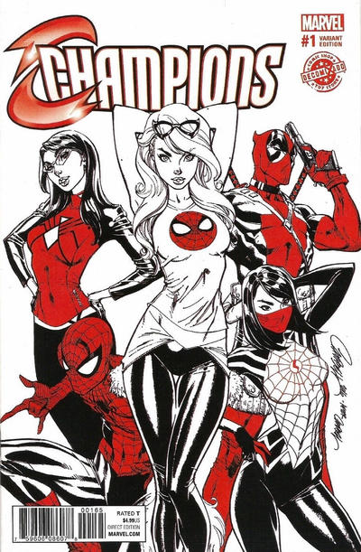 Cover for Champions (Marvel, 2016 series) #1 [Decomixado Exclusive J.Scott Campbell Black White and Red Variant]