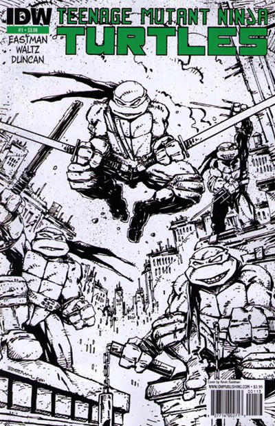 Cover for Teenage Mutant Ninja Turtles (IDW, 2011 series) #1 [Third Printing Variant - Kevin Eastman Black and White with Green Logo]
