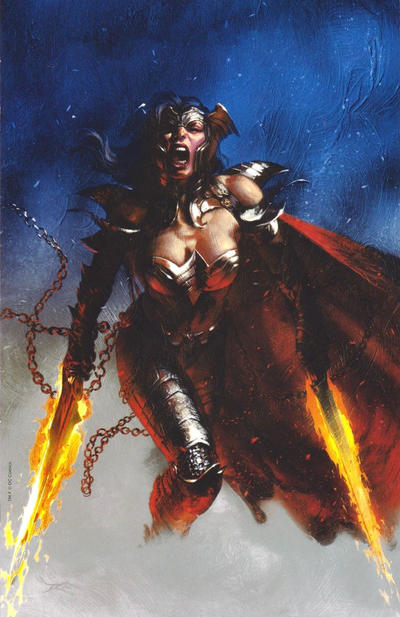 Cover for Dark Nights: Metal (DC, 2017 series) #2 [Bulletproof / NYCC Gabriele Dell'Otto "Wonder Woman Flaming Swords Blue" Virgin Cover]