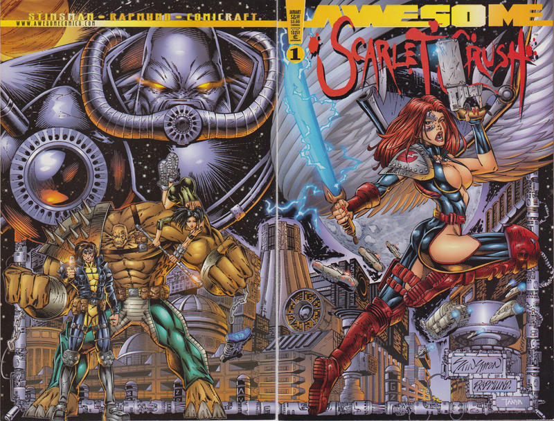 Cover for Scarlet Crush (Awesome, 1998 series) #1 [John Stinsman / Norm Rapmund / Tanya Rich Wraparound Cover]
