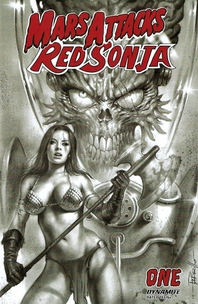 Cover for Mars Attacks / Red Sonja (Dynamite Entertainment, 2020 series) #1 [Black and White Cover Lucio Parrillo]