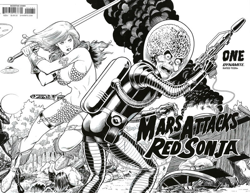 Cover for Mars Attacks / Red Sonja (Dynamite Entertainment, 2020 series) #1 [Black and White Cover Barry Kitson]