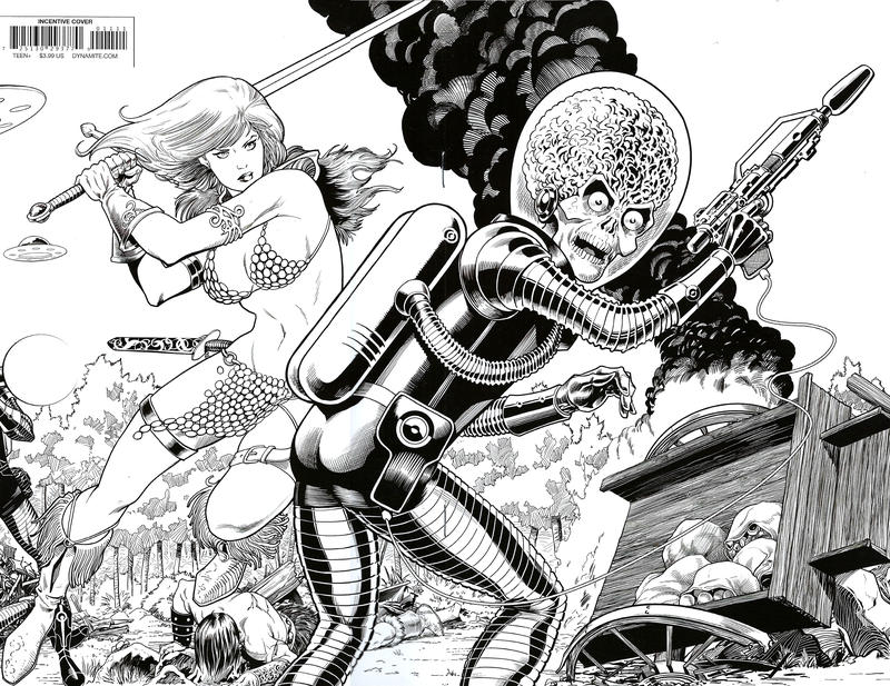 Cover for Mars Attacks / Red Sonja (Dynamite Entertainment, 2020 series) #1 [Virgin Black and White Cover Barry Kitson]