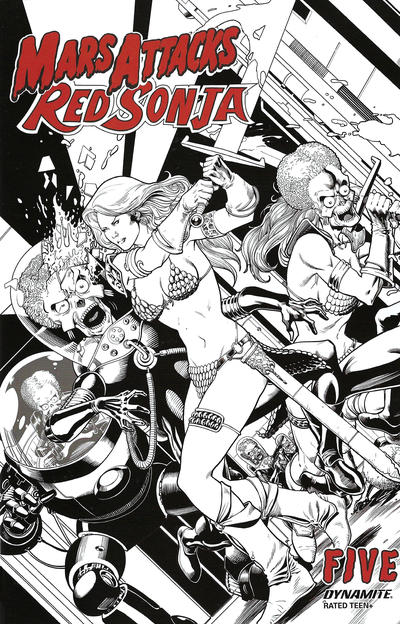 Cover for Mars Attacks / Red Sonja (Dynamite Entertainment, 2020 series) #5 [Black and White Cover Barry Kitson]