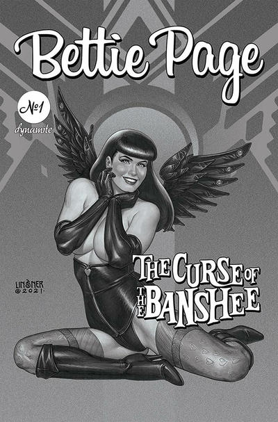 Cover for Bettie Page and the Curse of the Banshee (Dynamite Entertainment, 2021 series) #1 [Black and White Cover Joseph Michael Linsner]