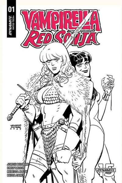 Cover for Vampirella / Red Sonja (Dynamite Entertainment, 2019 series) #1 [Black and White Cover Leonardo Romero]