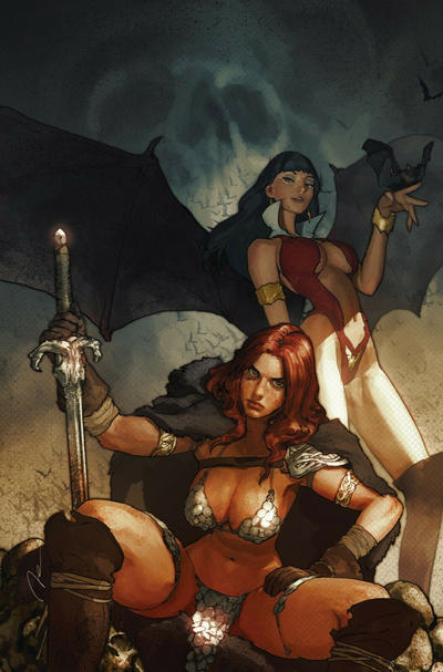 Cover for Vampirella / Red Sonja (Dynamite Entertainment, 2019 series) #1 [Kirby's Comic Art Exclusive - Gerald Parel]