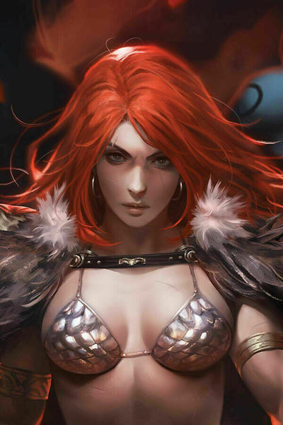 Cover for Red Sonja: Age of Chaos (Dynamite Entertainment, 2020 series) #1 [FOC "Sneak Peek Virgin" Variant Cover - Derrick Chew]