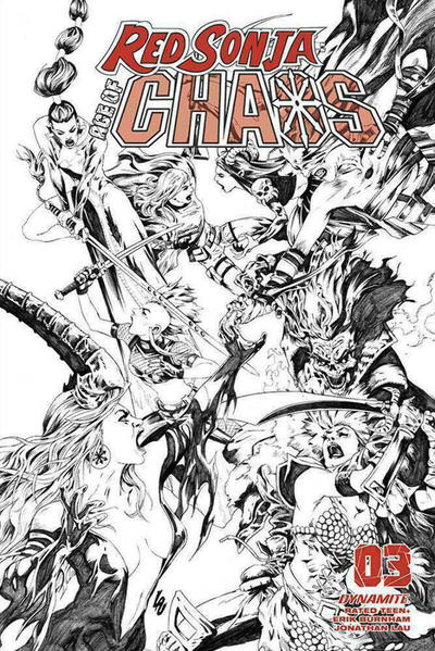 Cover for Red Sonja: Age of Chaos (Dynamite Entertainment, 2020 series) #3 [Bonus FOC Variant Black and White Cover - Jonathan Lau]