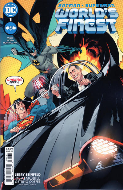 Cover for Batman / Superman: World's Finest (DC, 2022 series) #1 [Dan Mora Jerry Seinfeld in the Batmobile Getting Coffee Cardstock Variant Cover]