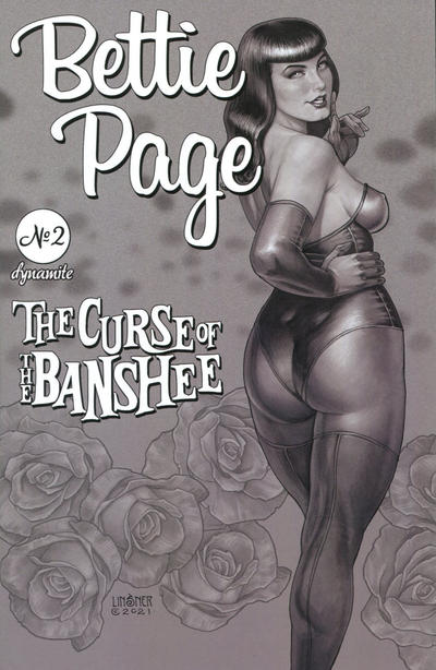 Cover for Bettie Page and the Curse of the Banshee (Dynamite Entertainment, 2021 series) #2 [Black and White Cover Joseph Michael Linsner]