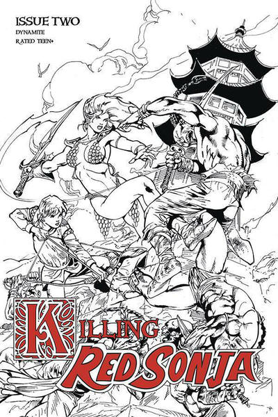 Cover for Killing Red Sonja (Dynamite Entertainment, 2020 series) #2 [Black and White Cover Roberto Castro]