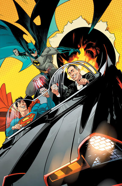Cover for Batman / Superman: World's Finest (DC, 2022 series) #1 [Dan Mora Jerry Seinfeld in the Batmobile Getting Coffee Virgin Cardstock Variant Cover]
