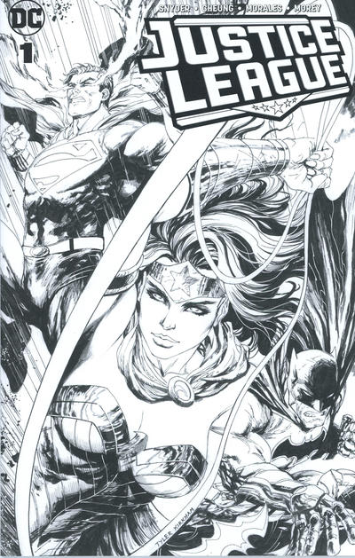 Cover for Justice League (DC, 2018 series) #1 [Unknown Comics Tyler Kirkham Black and White Cover]