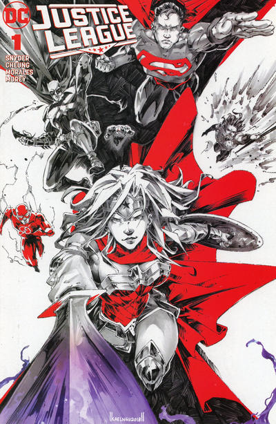 Cover for Justice League (DC, 2018 series) #1 [Comic Market Street Kael Ngu Black, White and Red Cover]