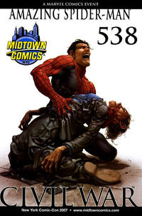 Cover for The Amazing Spider-Man (Marvel, 1999 series) #538 [Midtown Comics NYCC 2007 Exclusive - 'Spoiler' - Clayton Crain Cover]
