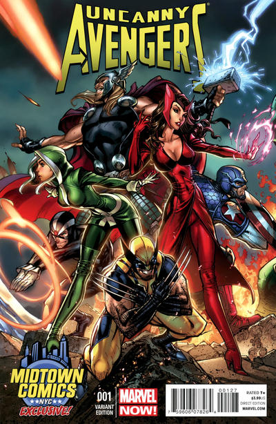 Cover for Uncanny Avengers (Marvel, 2012 series) #1 [Midtown Comics Exclusive Variant Cover by J. Scott Campbell]