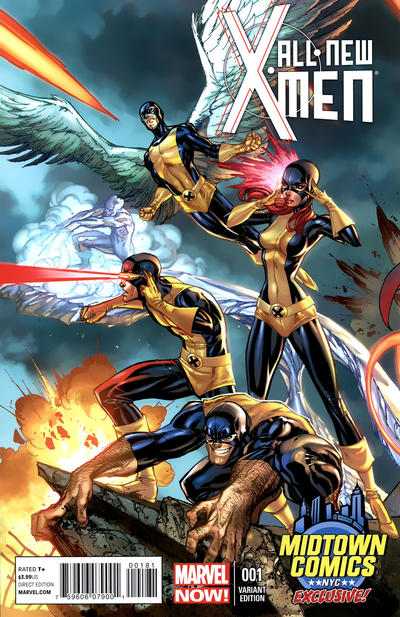 Cover for All-New X-Men (Marvel, 2013 series) #1 [Midtown Comics Exclusive Variant Cover by J. Scott Campbell]