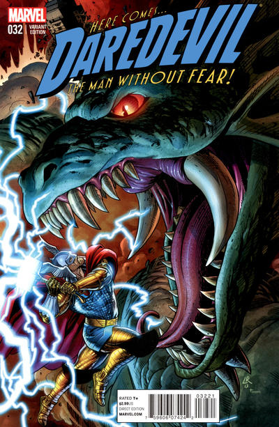 Cover for Daredevil (Marvel, 2011 series) #32 [Thor Battle Variant Cover by Luke Ross]