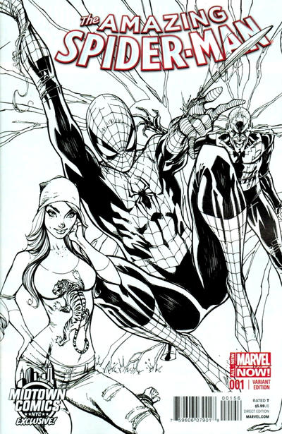 Cover for The Amazing Spider-Man (Marvel, 2014 series) #1 [Variant Edition - Midtown Comics Exclusive! - J. Scott Campbell B&W Connecting Cover]