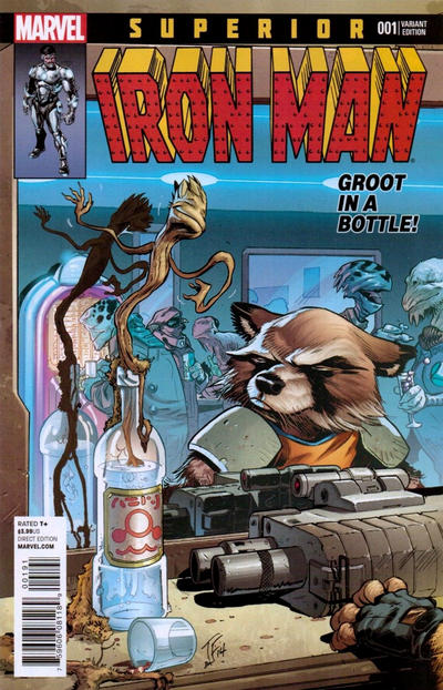 Cover for Superior Iron Man (Marvel, 2015 series) #1 [Rocket Raccoon and Groot Variant by Tom Fowler]